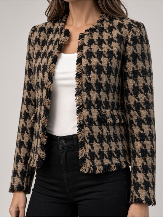 L'AGENCE Jackets & Blazers - L'AGENCE Adette Black and Tan Houndstooth Fringe Tweed Jacket